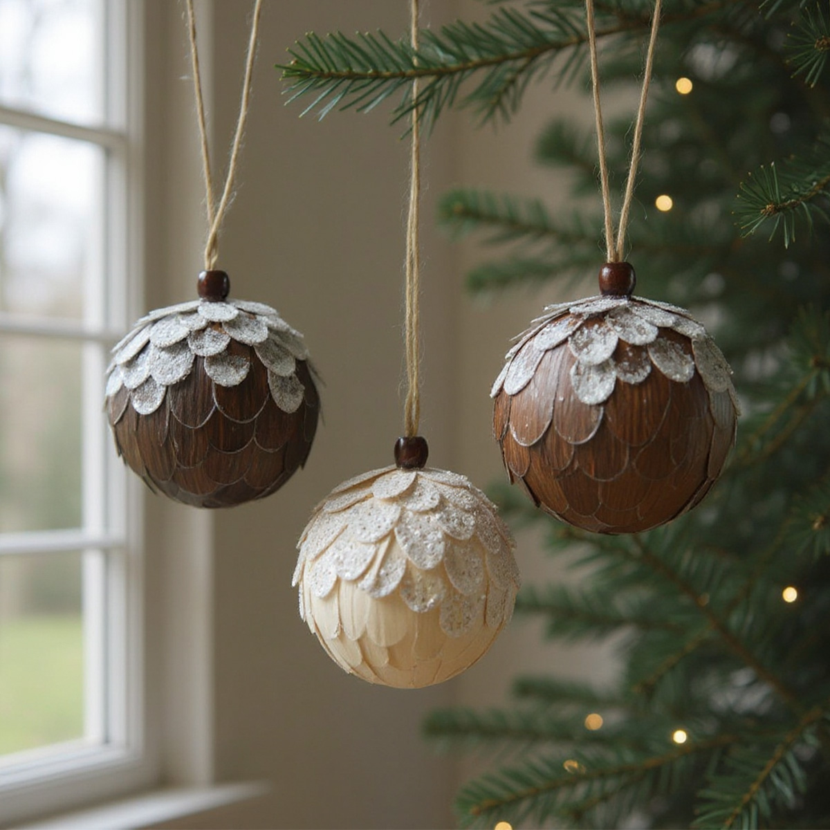 Tre palline di Natale appese a un albero, decorate con strisce di legno e brillantini