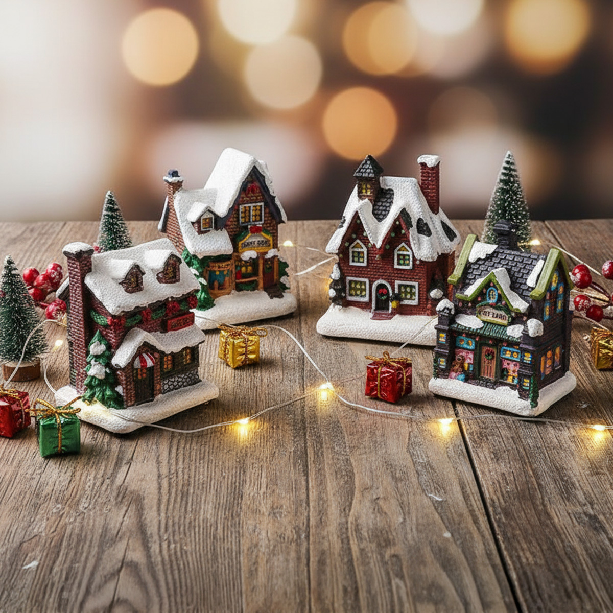 Village de Noël miniature avec des maisons enneigées et des lumières scintillantes