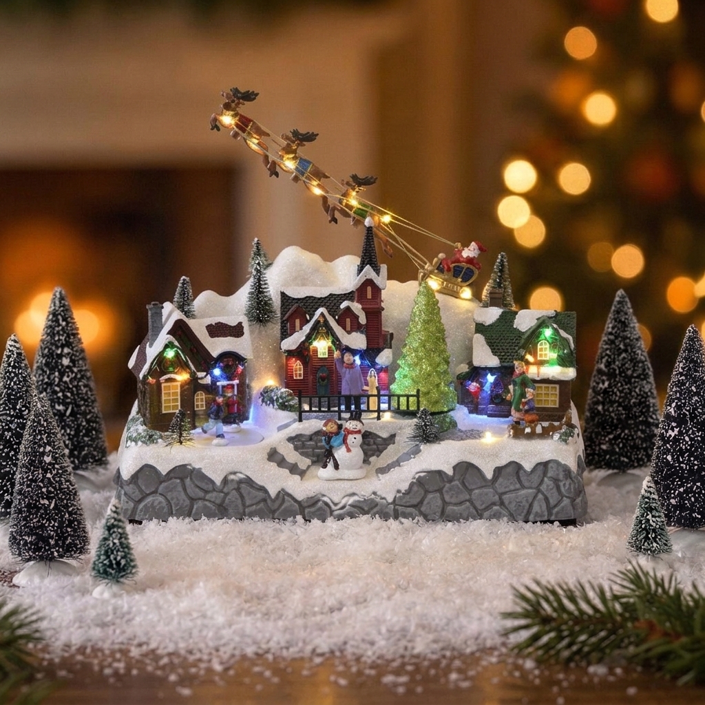 Pueblo navideño con trineo de Papá Noel para decoración de interiores