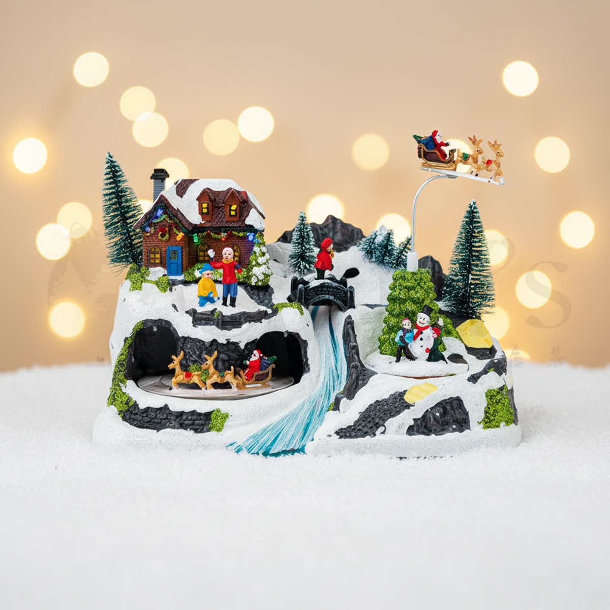 Diapositive de Noël avec le père Noël, des rennes, une maison et un bonhomme de neige