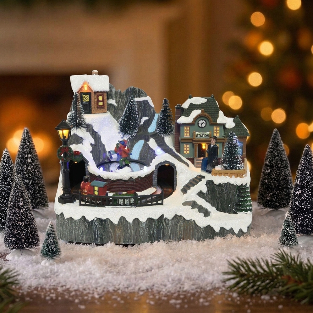 Paisaje navideño con estación y trenecito para decoración de interiores