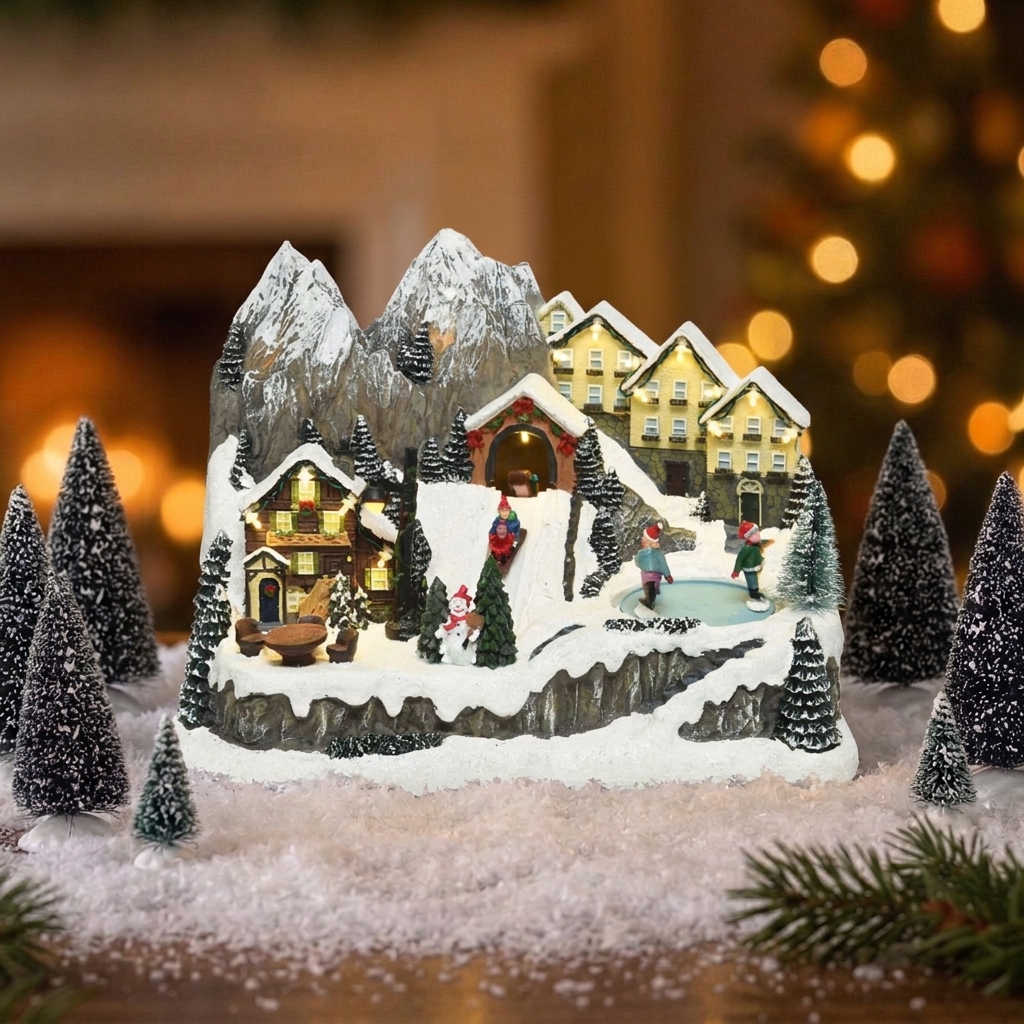 Paisaje navideño con montañas y chalets para decoración de interiores