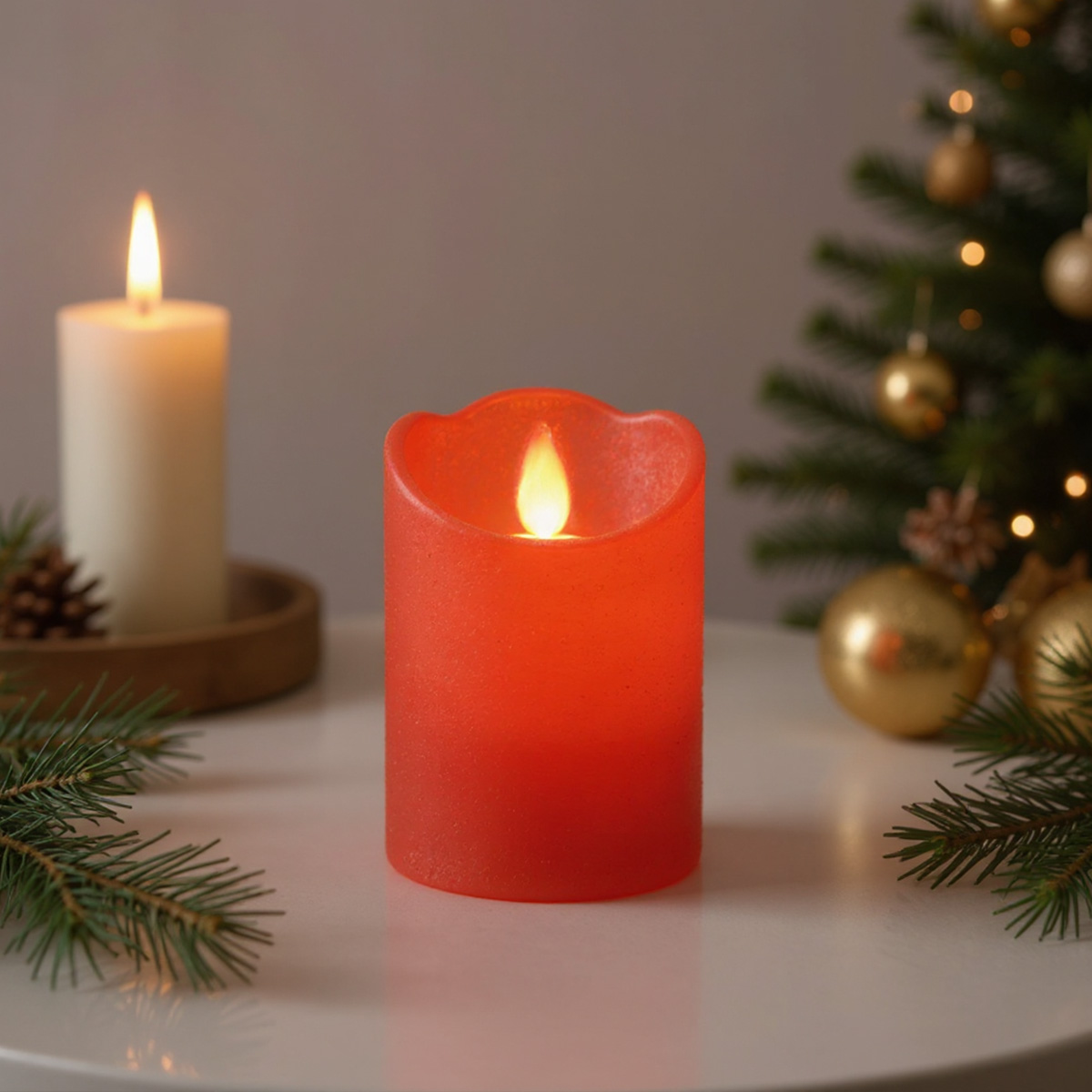 Una vela roja encendida con un árbol de Navidad al fondo.
