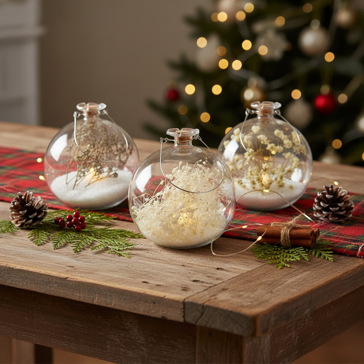 Décorations de Noël : boules de verre avec fausse neige et lumières
