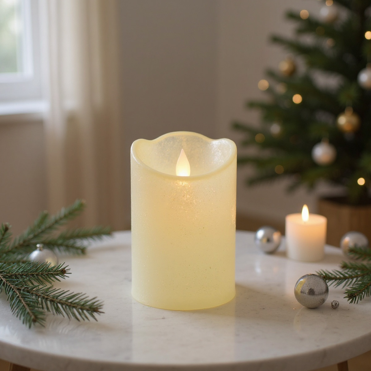 Bougie LED crème avec un sapin de Noël décoré en arrière-plan