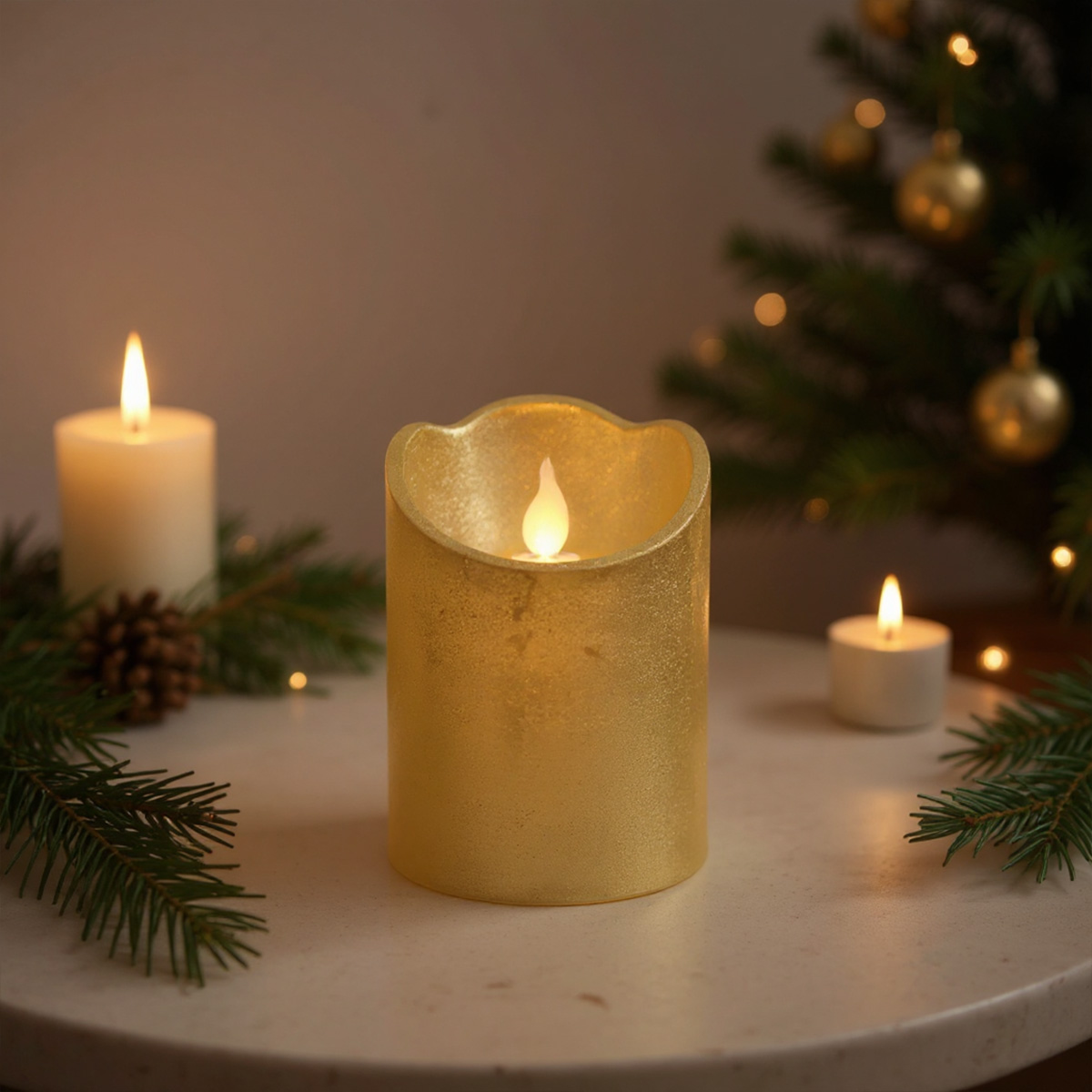 Gouden en witte kaarsen bij een versierde kerstboom