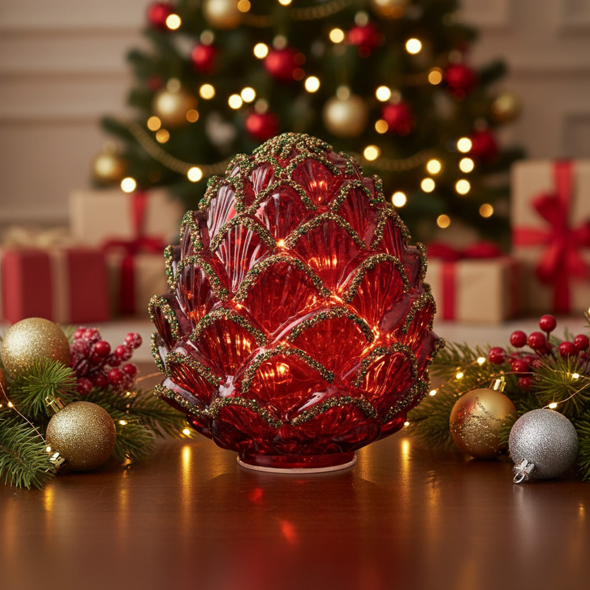 Lampe décorative en forme de pomme de pin rouge pour Noël