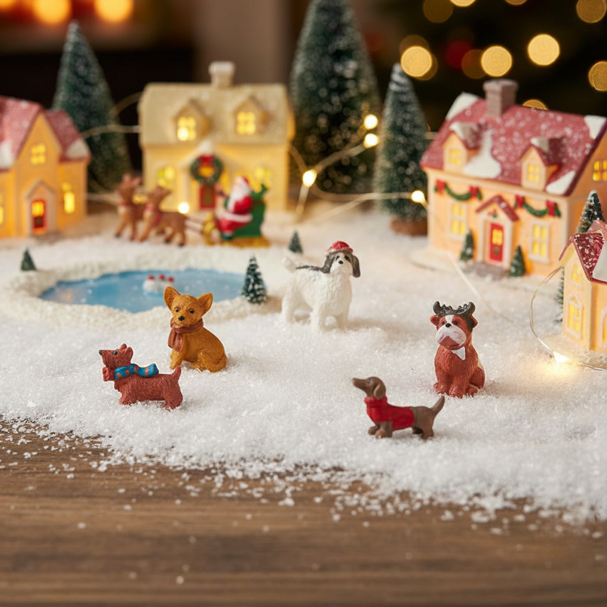 Miniatures de chiens dans un décor de Noël enneigé avec des maisons et des rennes