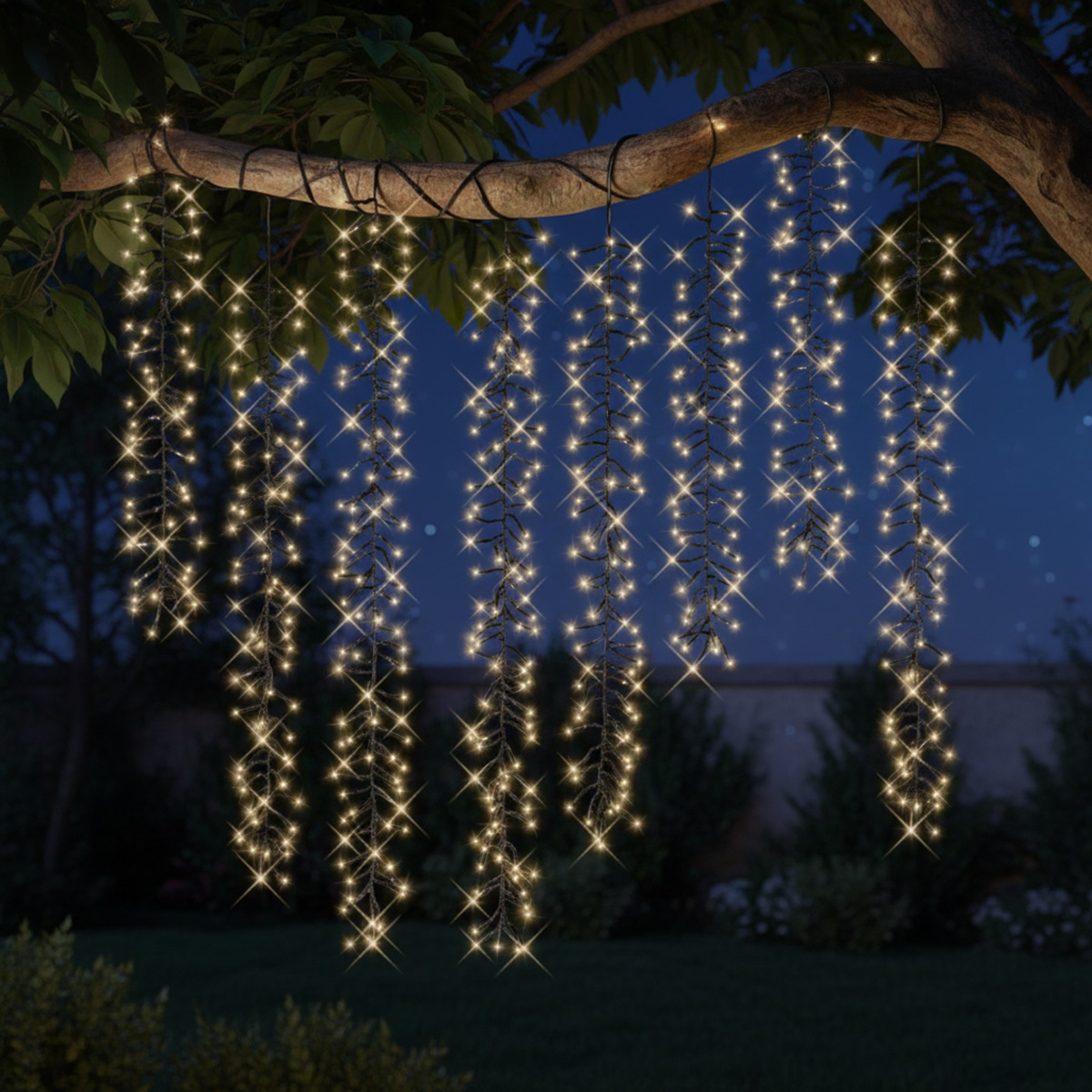 Guirlandes lumineuses en cascade suspendues à une branche d'arbre la nuit