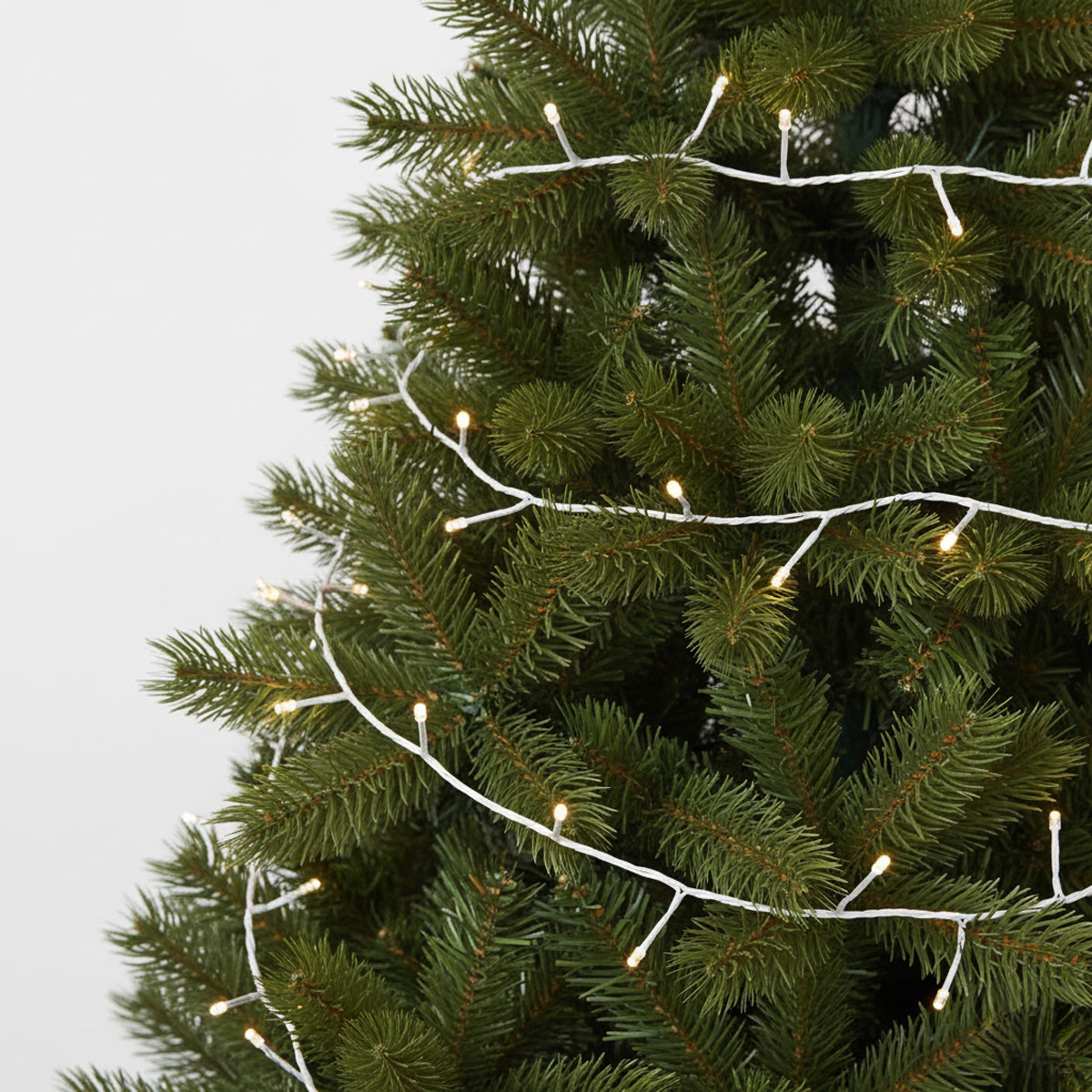White string lights on a green Christmas tree