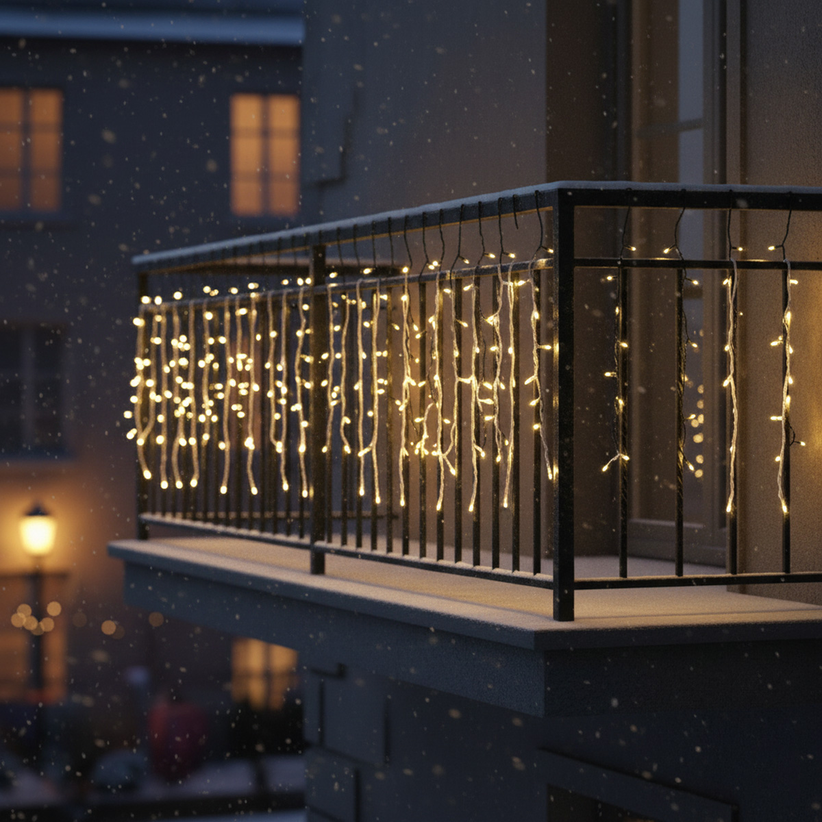 Slingerverlichting op een besneeuwd balkon 's nachts