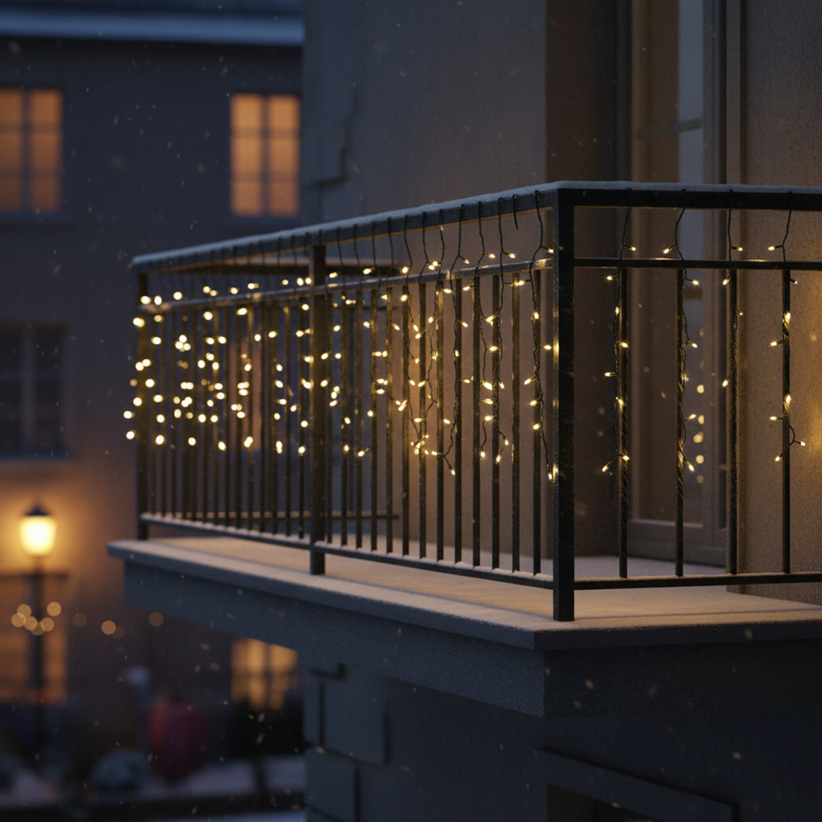 Guirlande lumineuse sur un balcon enneigé en soirée