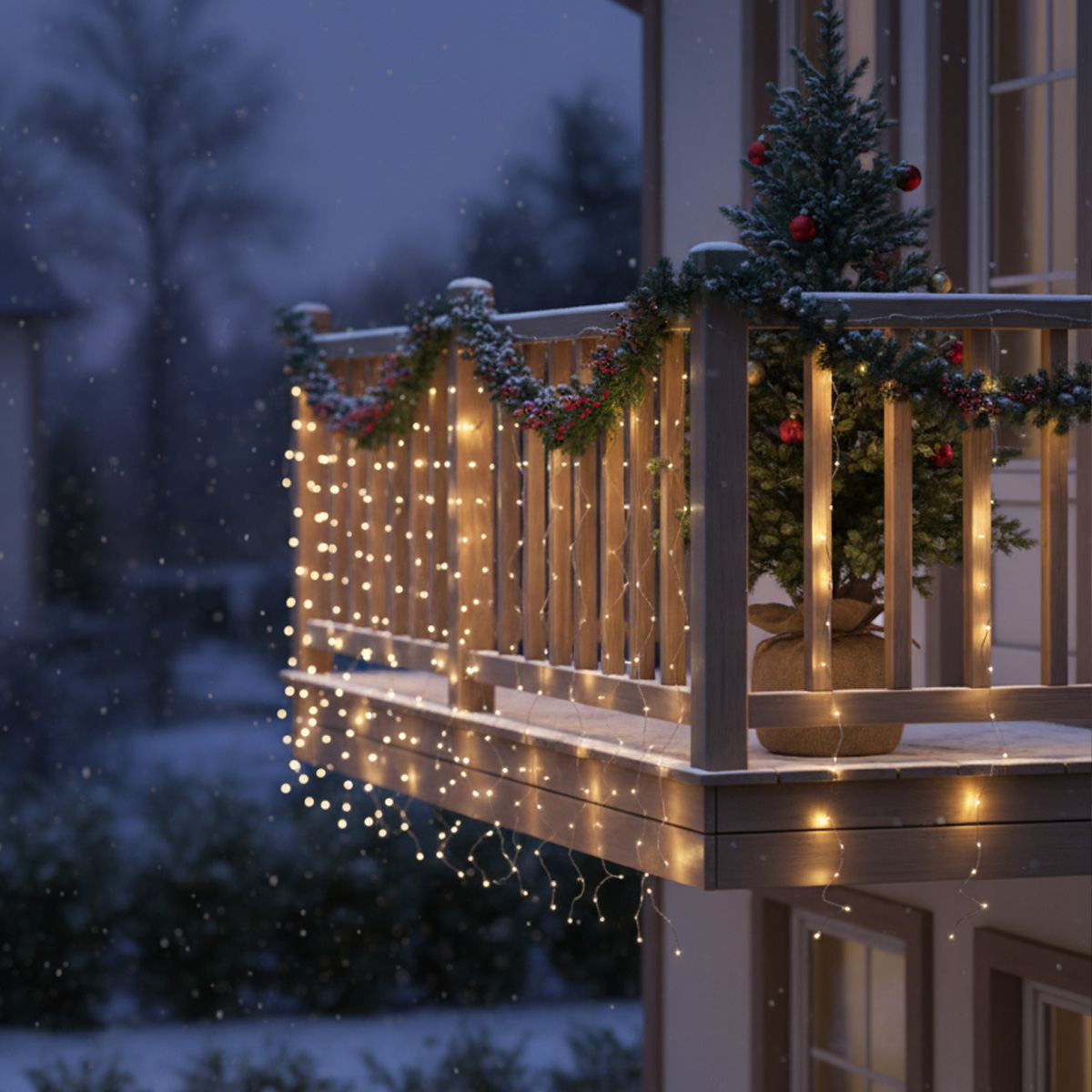 Balcon décoré pour Noël avec guirlandes lumineuses et sapin