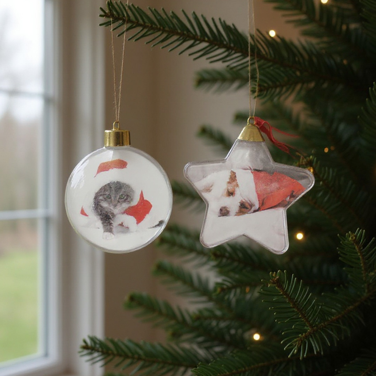 Boule et étoile de Noël avec des photos de chaton et de chiot