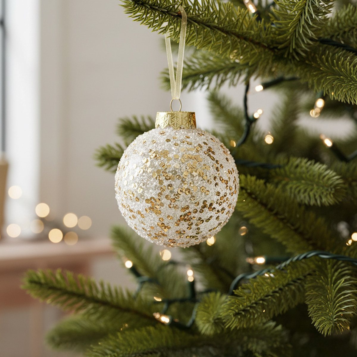 Boule de Noël blanche à paillettes dorées sur un sapin décoré