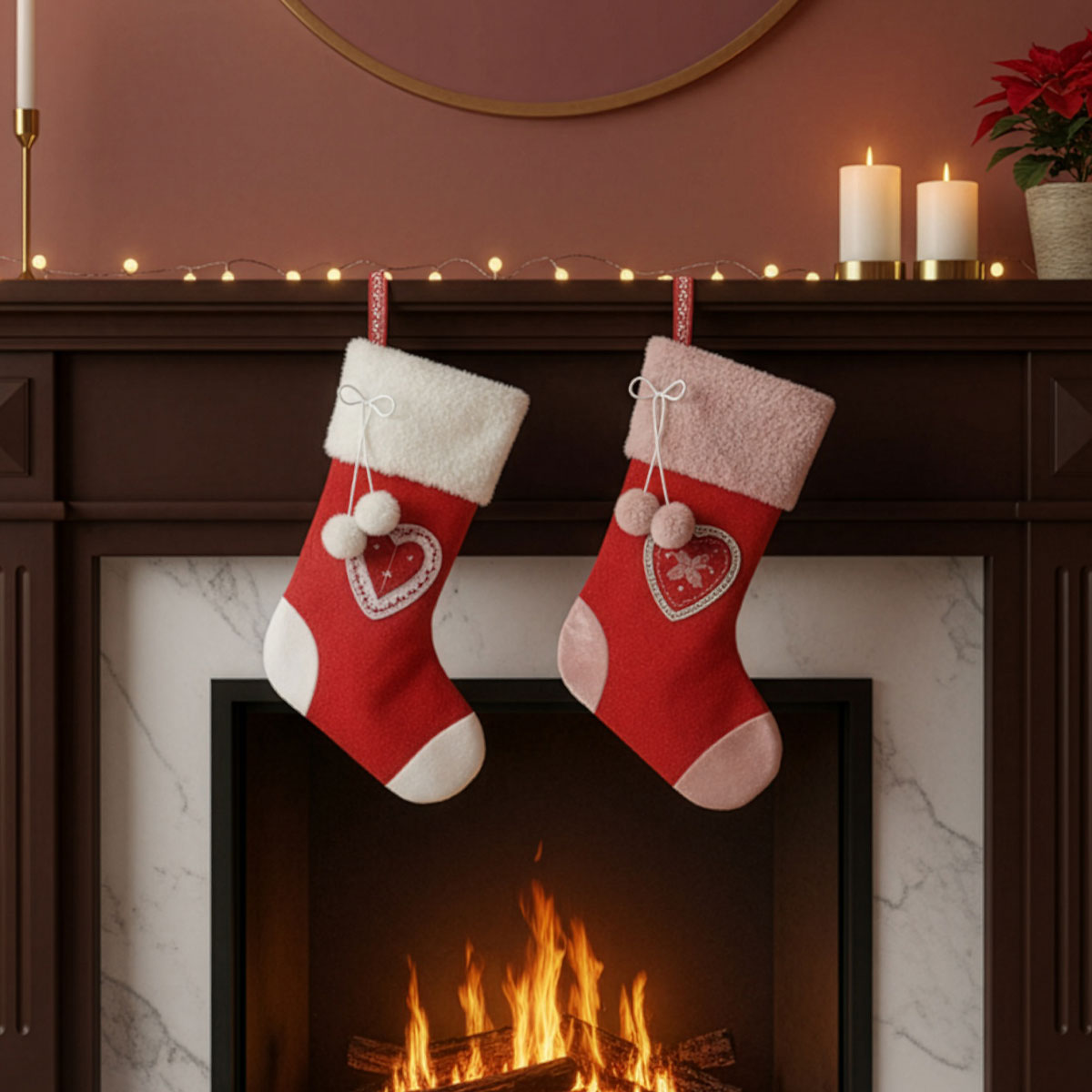 Chaussettes de Noël rouges avec cœurs suspendues au-dessus d'une cheminée allumée