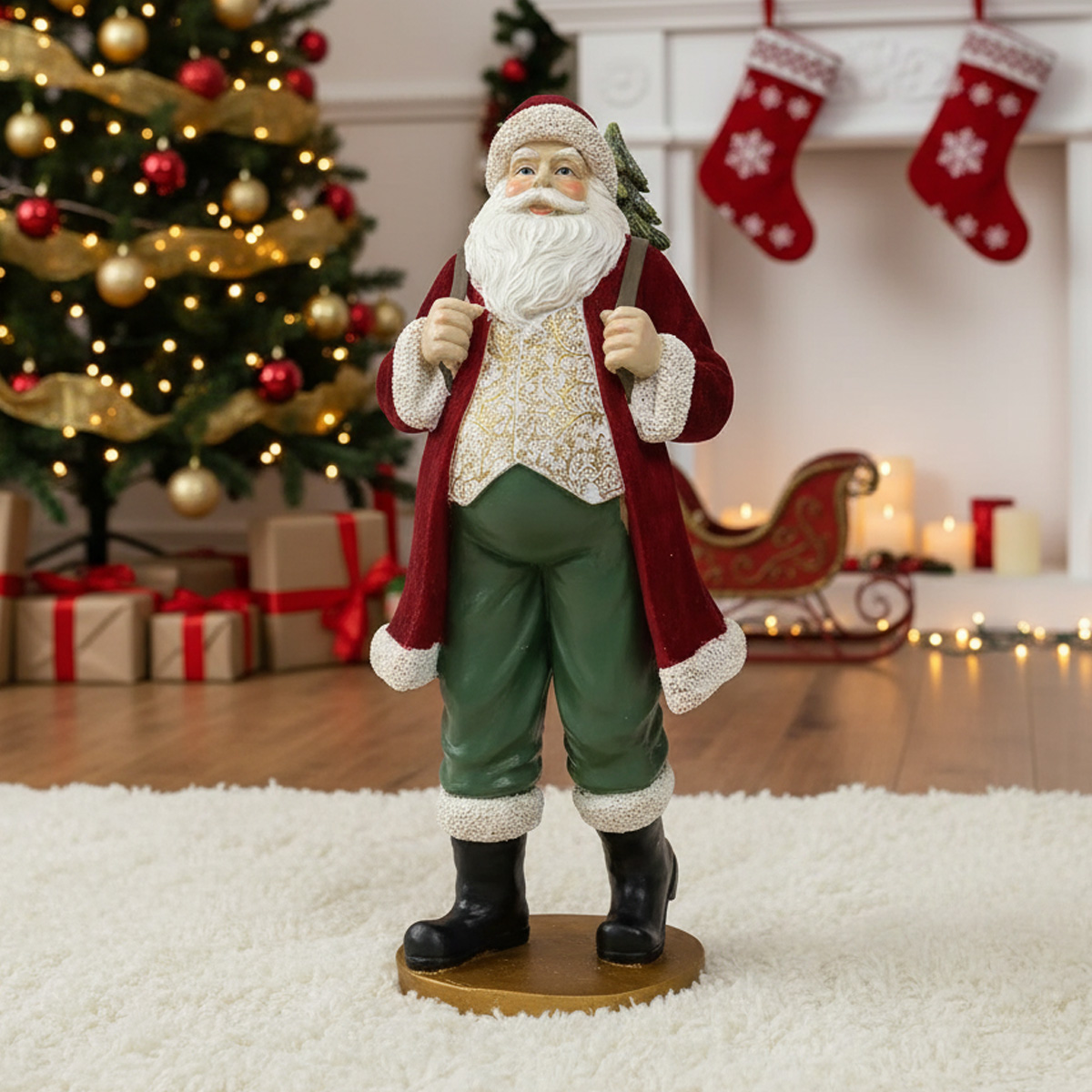 Figurine du Père Noël tenant un sapin, décor de Noël