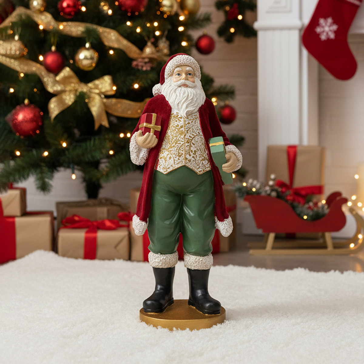 Figurine du Père Noël tenant des cadeaux devant un sapin de Noël décoré