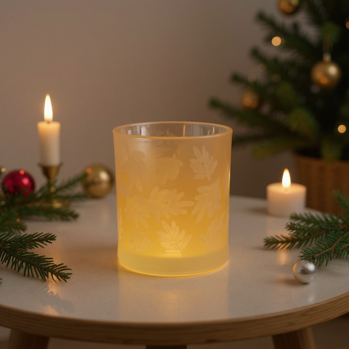Photophore en verre givré avec motif de feuilles, illuminé de l'intérieur, avec des bougies et un sapin de Noël en arrière-plan