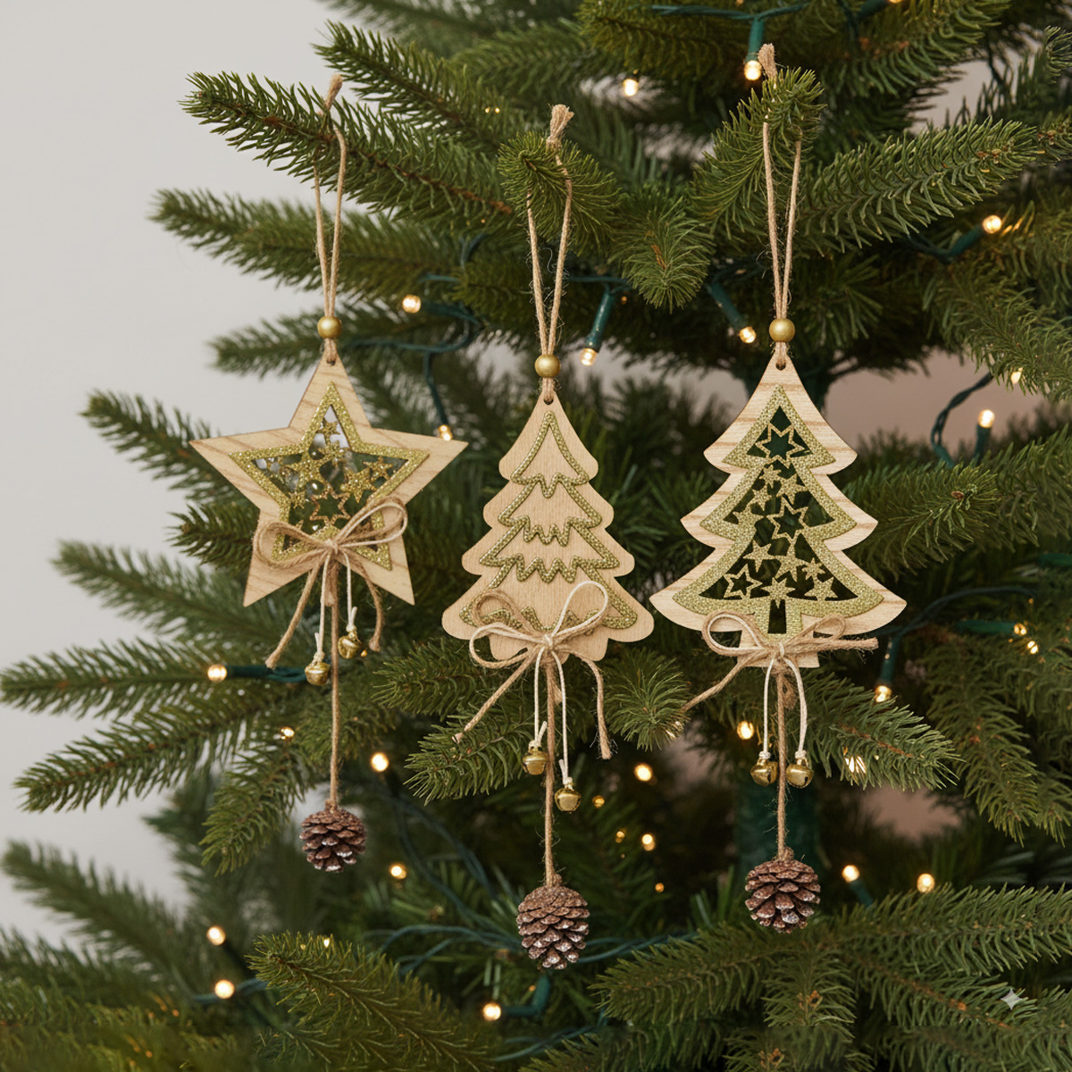 Decorazioni natalizie in legno: stella, abete e abete traforato con pigne