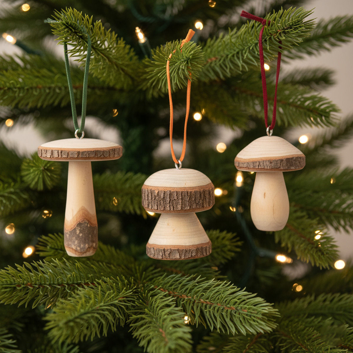Decorazioni natalizie in legno a forma di fungo su un albero di Natale