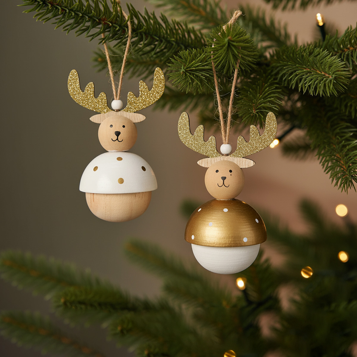 Décorations de Noël en bois en forme de rennes sur un sapin