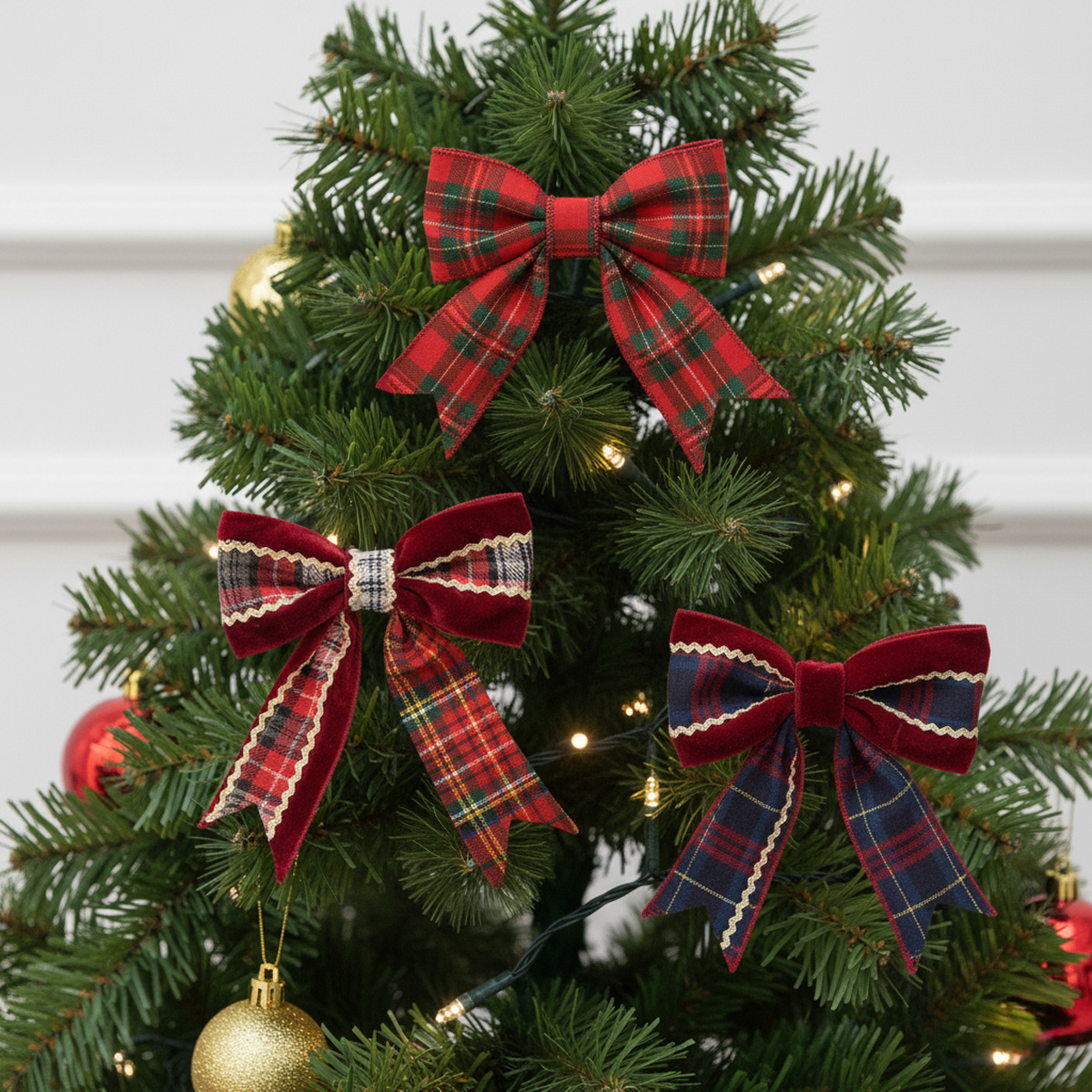Trois nœuds de Noël à carreaux sur un sapin décoré