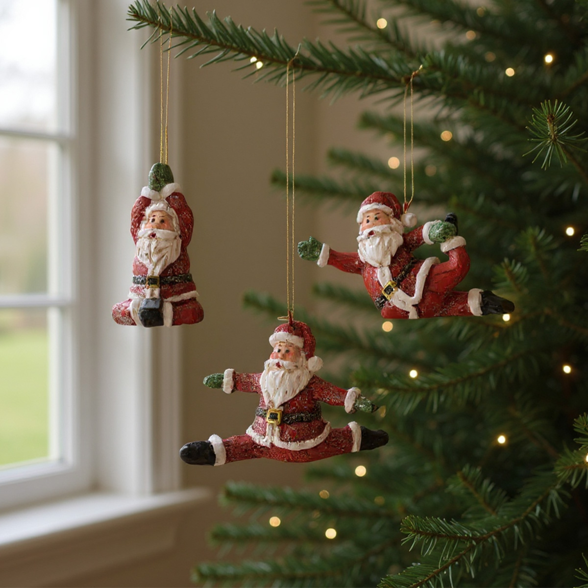 Pendentifs de Père Noël faisant du yoga sur un sapin de Noël