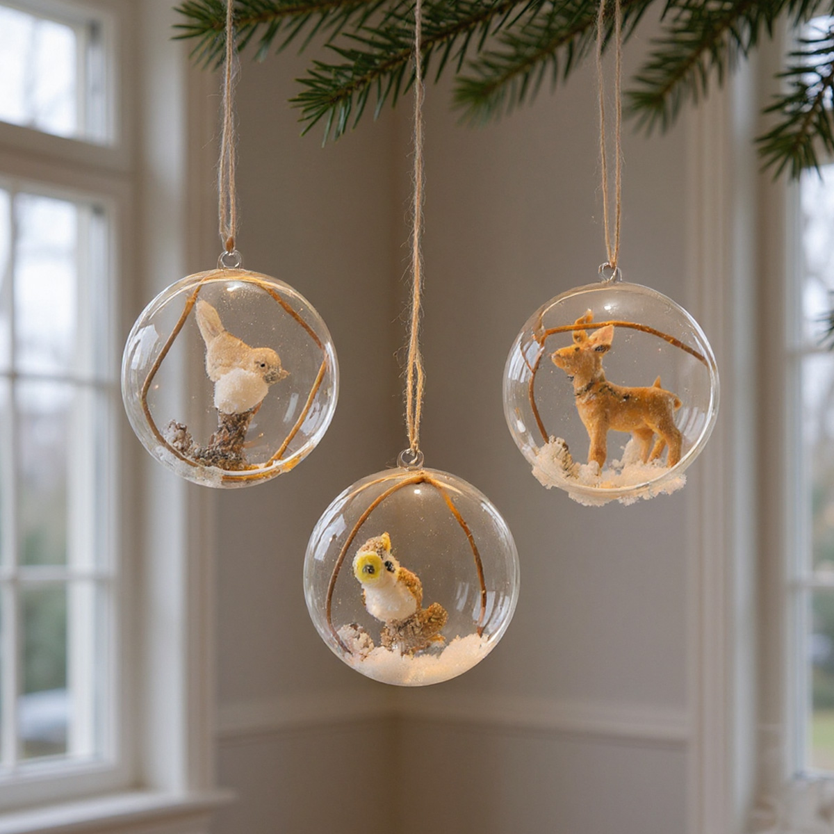 Trois ornements de Noël transparents avec des animaux en feutre à l'intérieur