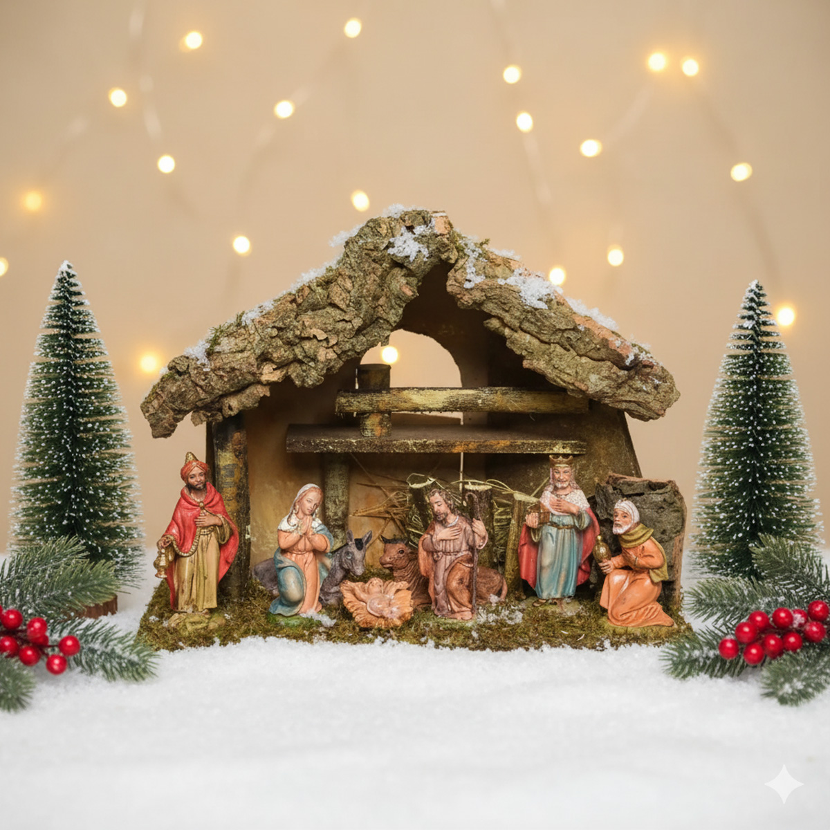Crèche de Noël avec figurines, sapins et guirlande lumineuse