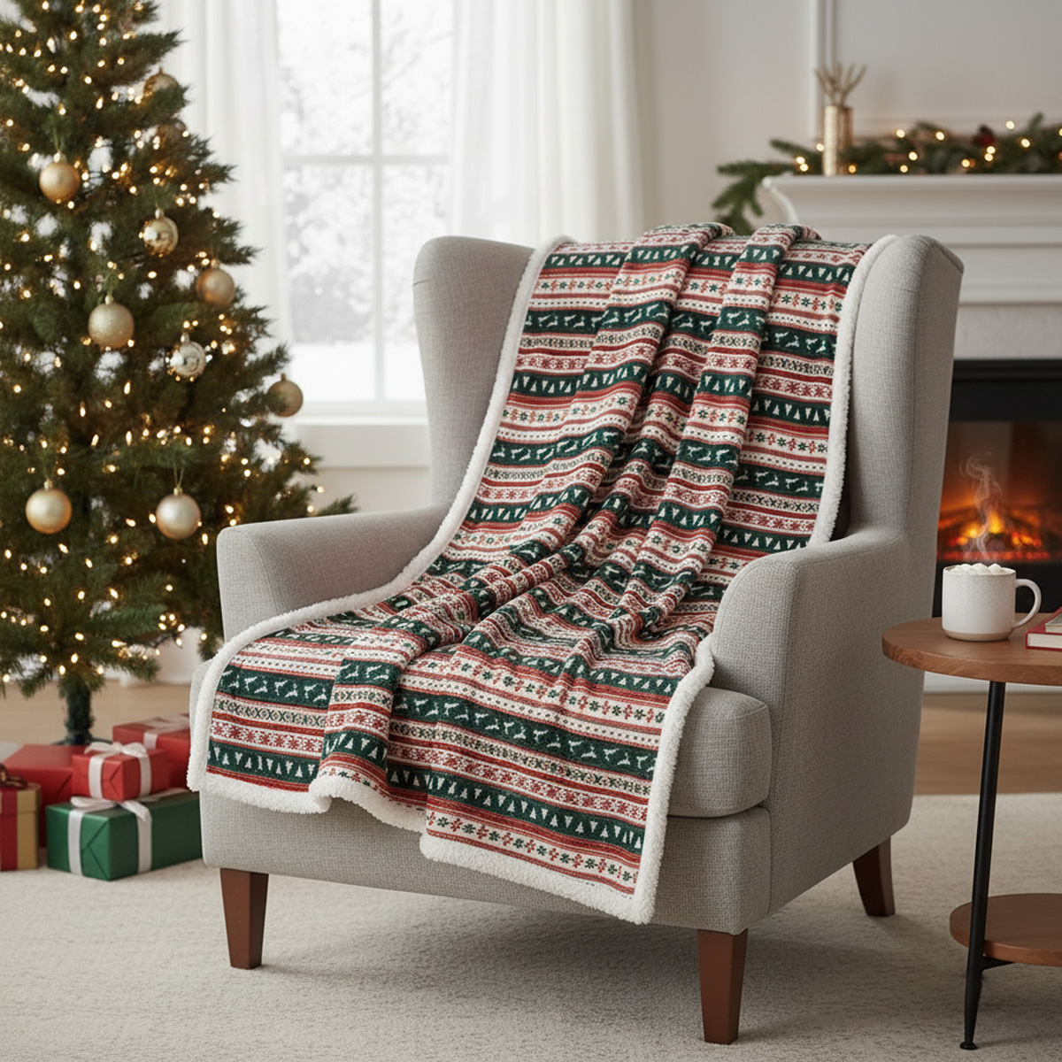 Couverture de Noël sur un fauteuil gris avec sapin de Noël et cheminée