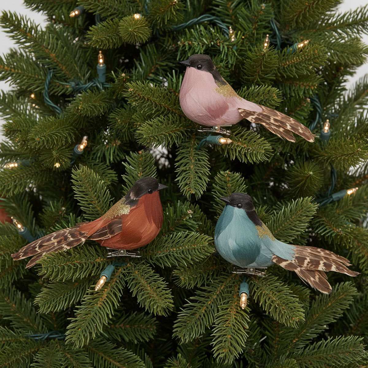 Trois ornements d'oiseaux sur un sapin de Noël décoré