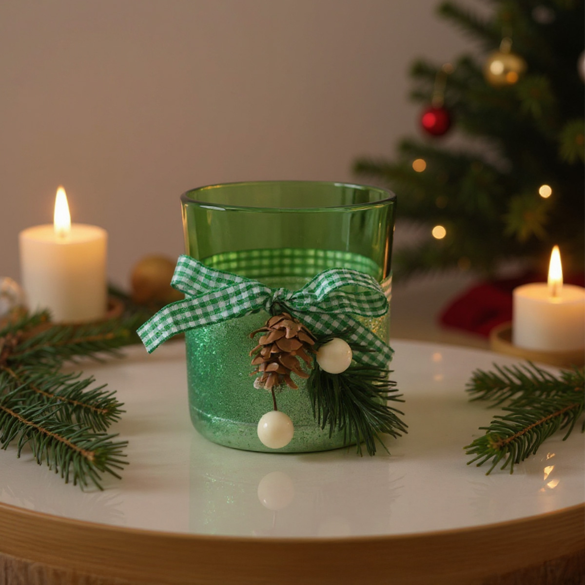 Portacandele verde scintillante decorato con un nastro a scacchi, una pigna e bacche bianche