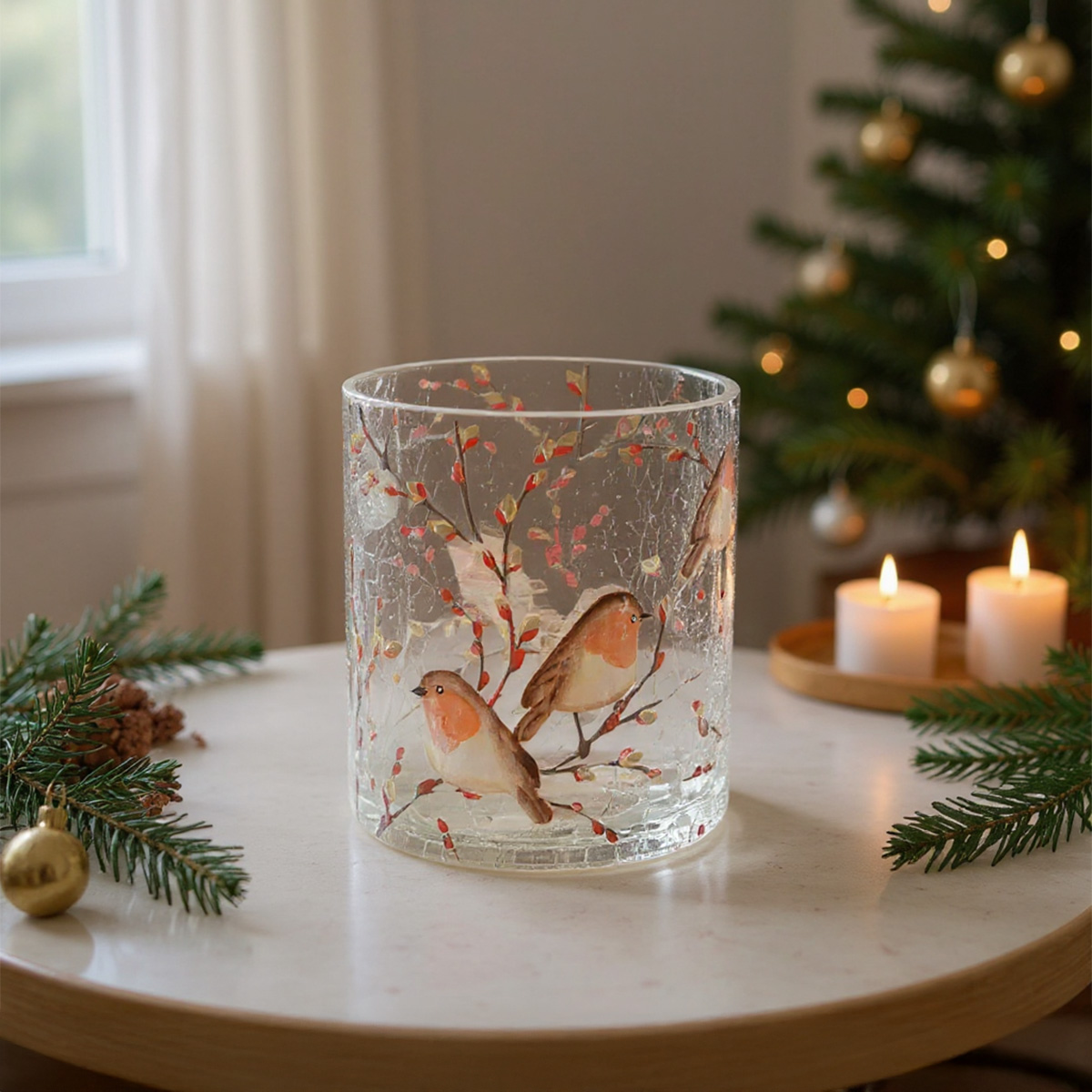 Verre décoratif avec des rouge-gorges sur des branches d'arbre, deux bougies allumées et un sapin de Noël en arrière-plan