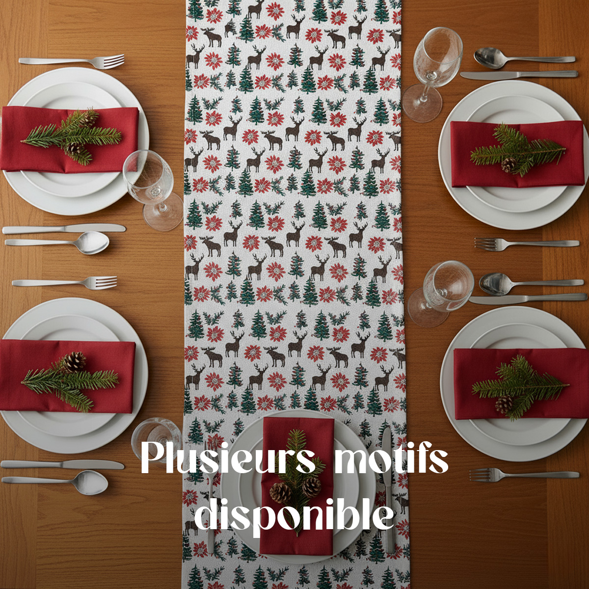 Chemin de table de Noël avec motifs de cerfs et de sapins