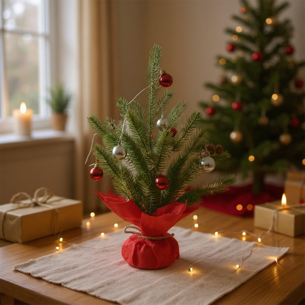 Pequeño árbol de Navidad decorado con bolas rojas y plateadas.