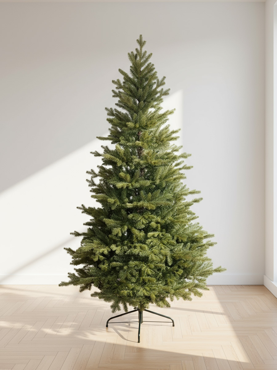 Green Christmas tree on a black stand, on light-colored parquet flooring