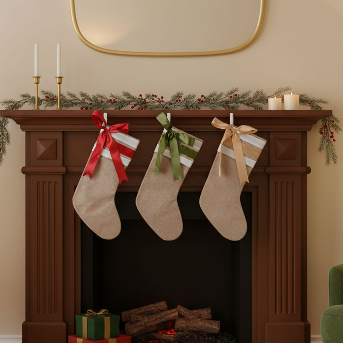 Chaussettes de Noël beiges avec rubans rouges, verts et dorés suspendues à une cheminée