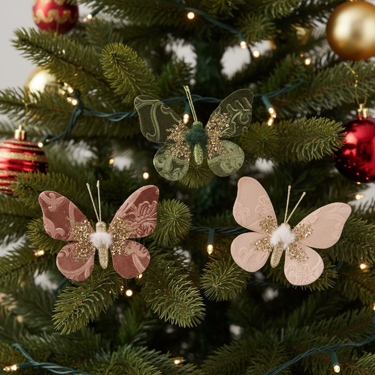Tre decorazioni a forma di farfalla su un albero di Natale