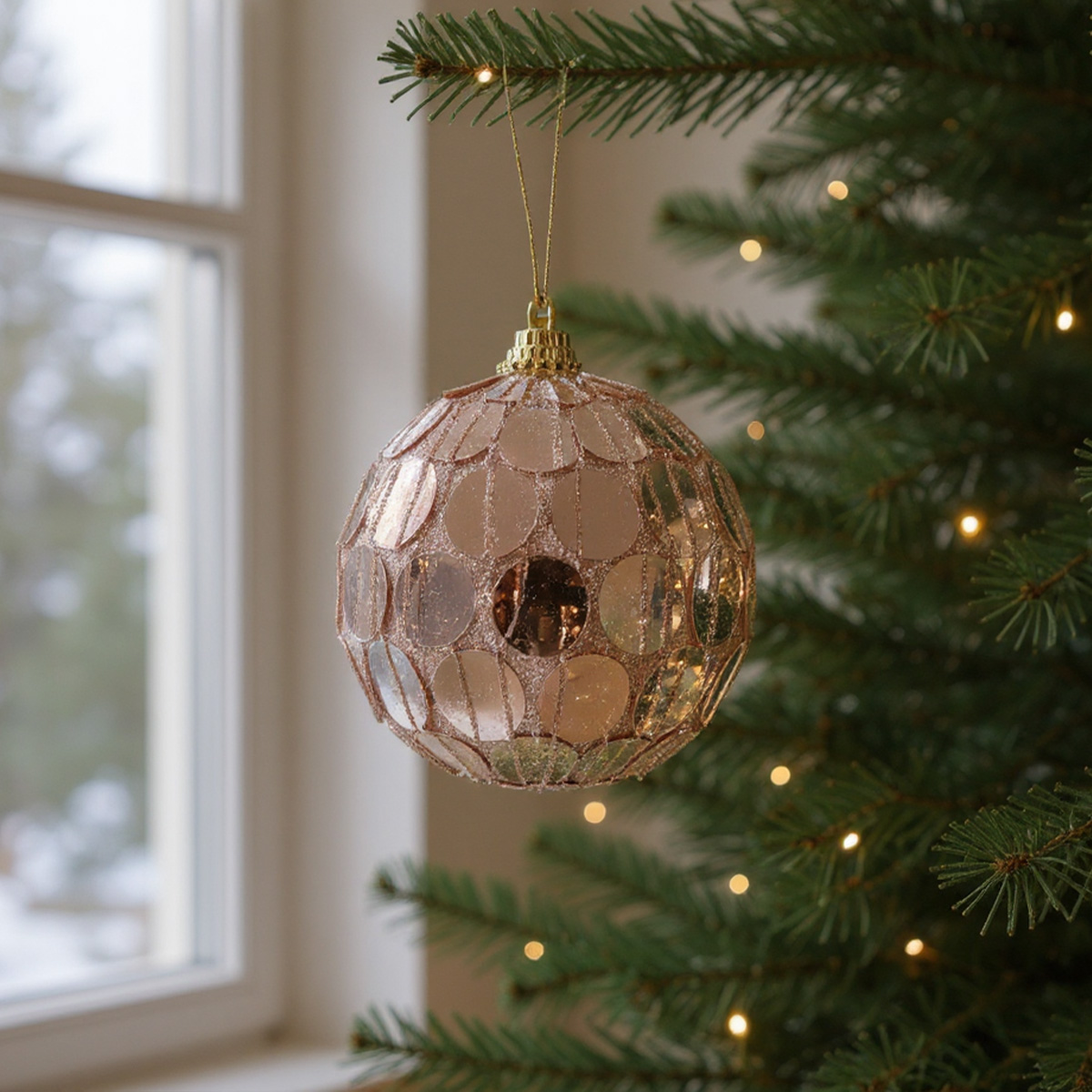 Boule de Noël rose à paillettes suspendue à un sapin