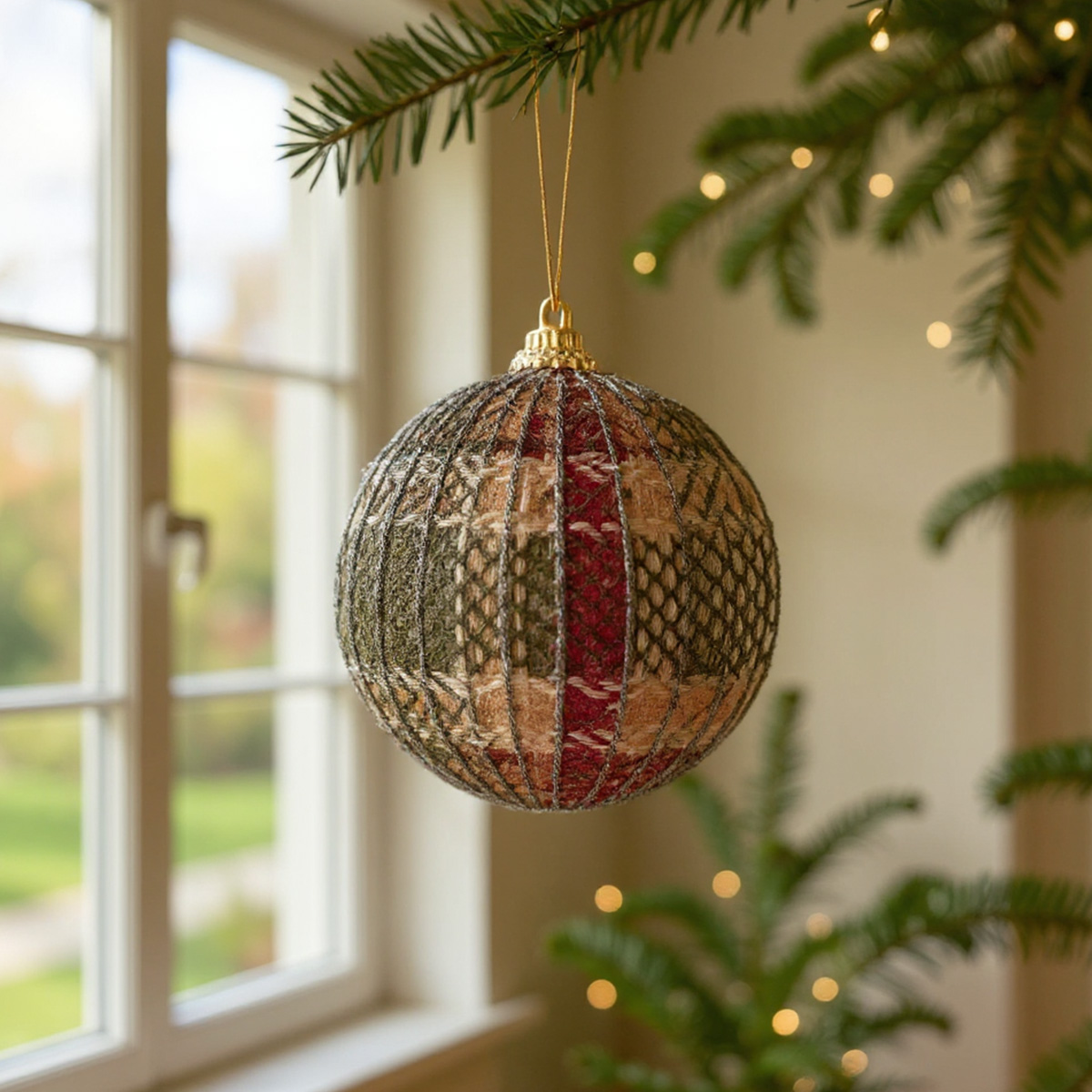Pallina di Natale in tessuto a quadri appesa all'albero di Natale
