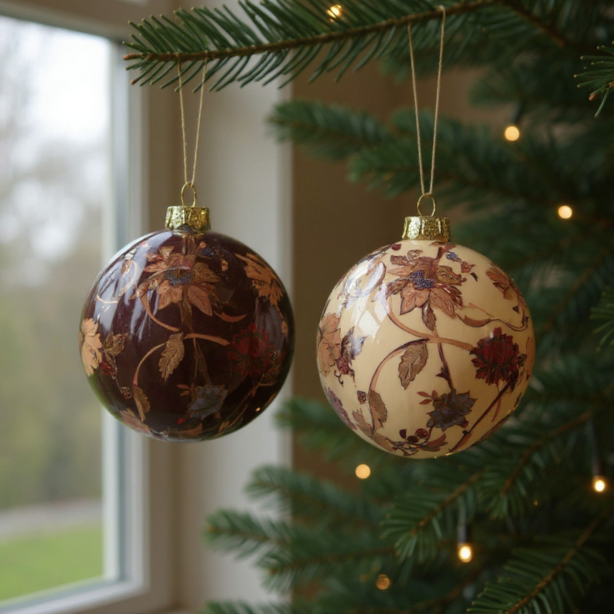 Due palline di Natale decorate con fiori e foglie su un albero di Natale
