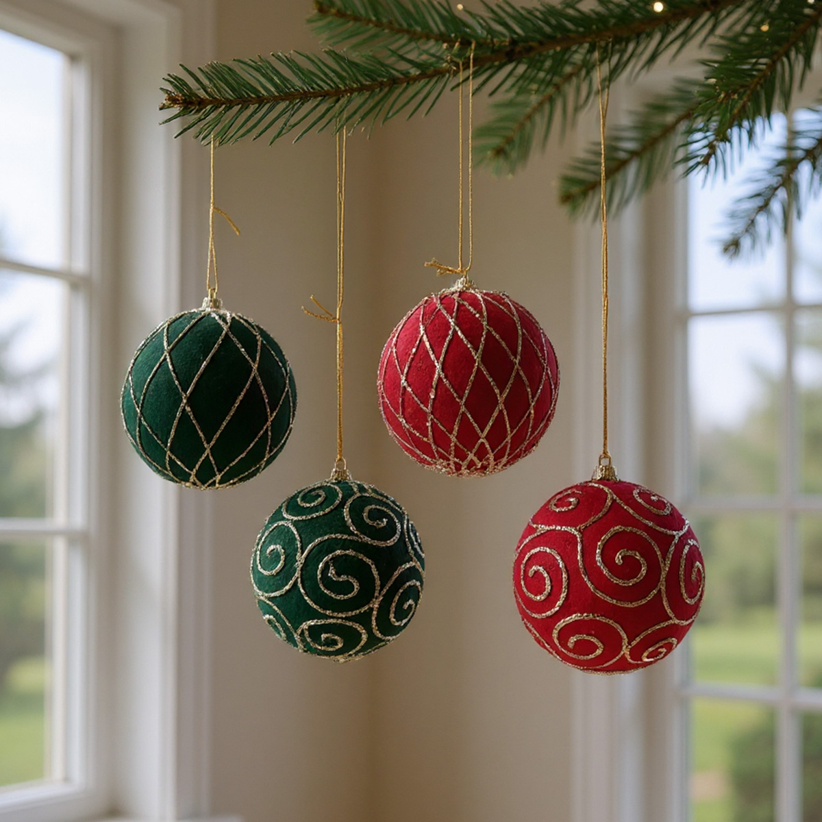 Quatre boules de Noël vertes et rouges avec des ornements dorés suspendues à une branche de sapin