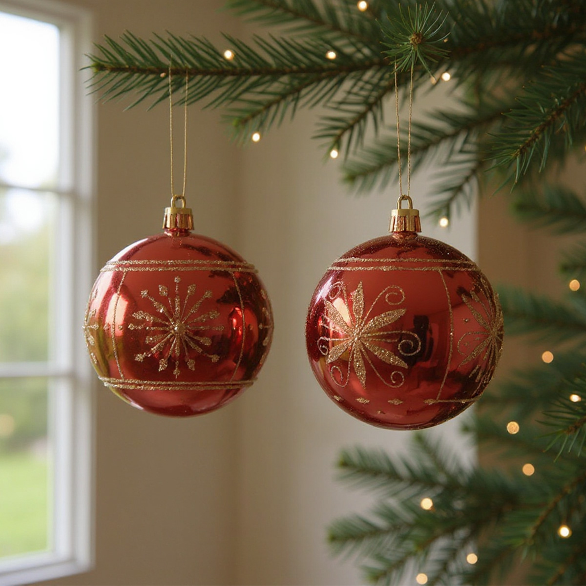 Deux boules de Noël rouges avec des décorations dorées suspendues à un sapin