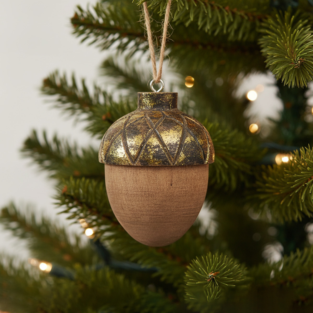 Decorazione a forma di ghianda dorata e marrone da appendere all'albero di Natale