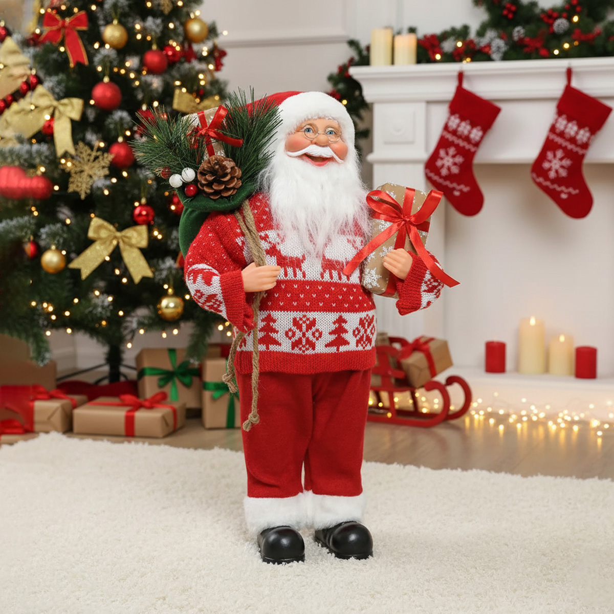 Père Noël avec un sac de cadeaux et un pull de Noël devant un sapin