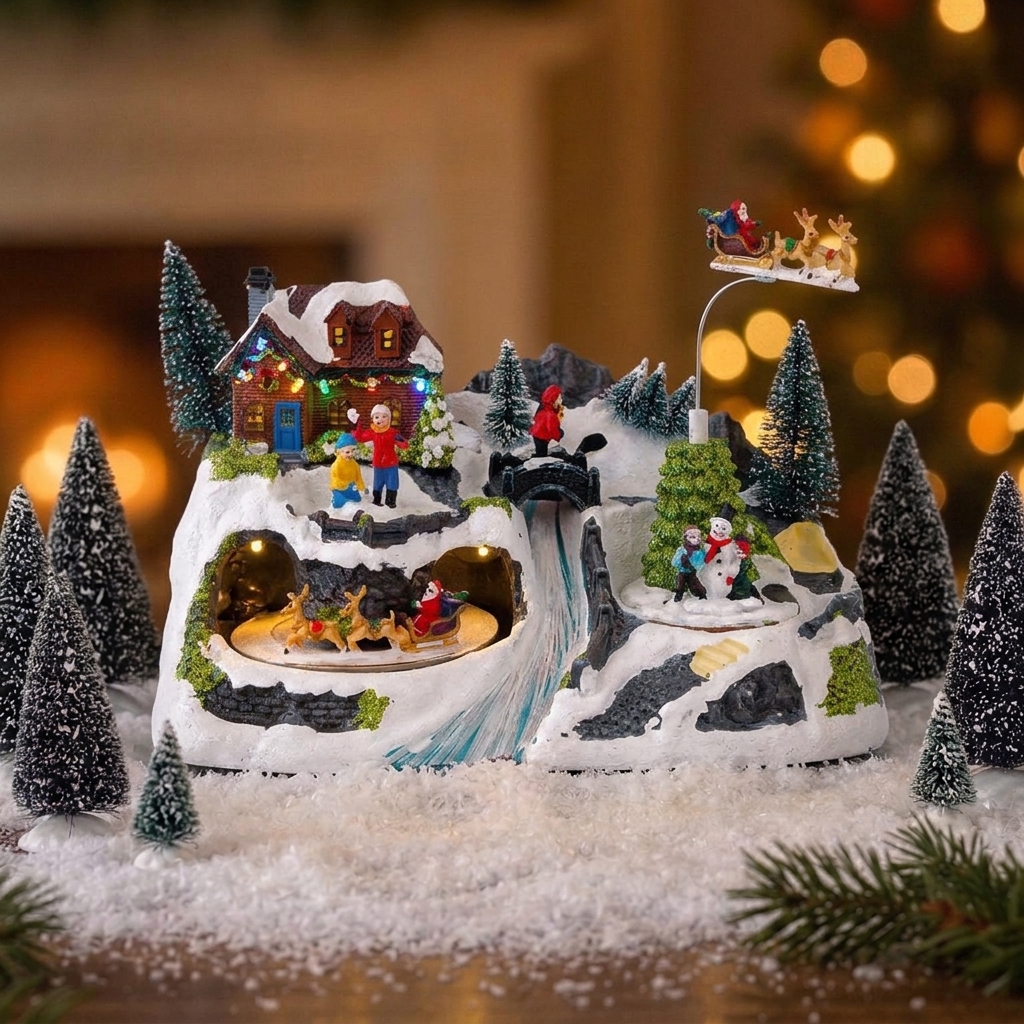 Paisaje navideño con trineo y río para decoración de interiores.