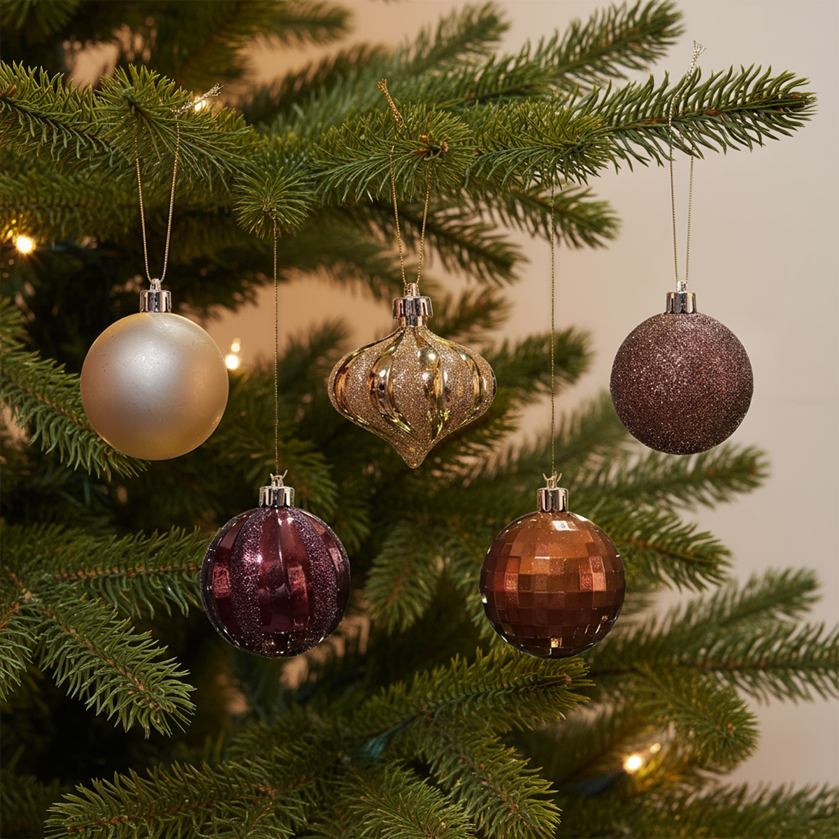 Boules de Noël sur un sapin vert avec des lumières