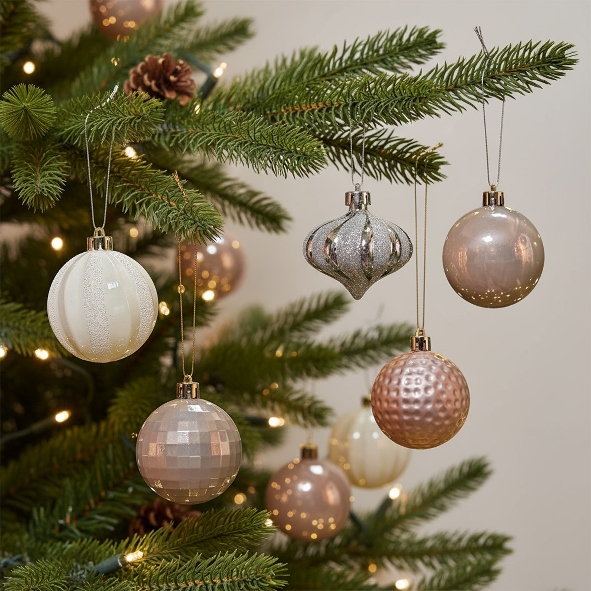 Boules de Noël blanches, argentées et roses sur un sapin de Noël décoré