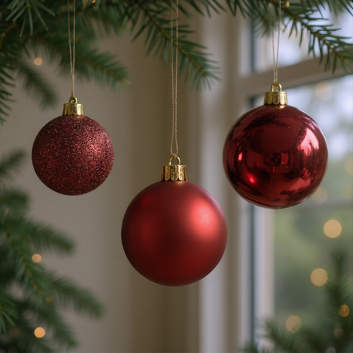Three red Christmas baubles hanging from a Christmas tree